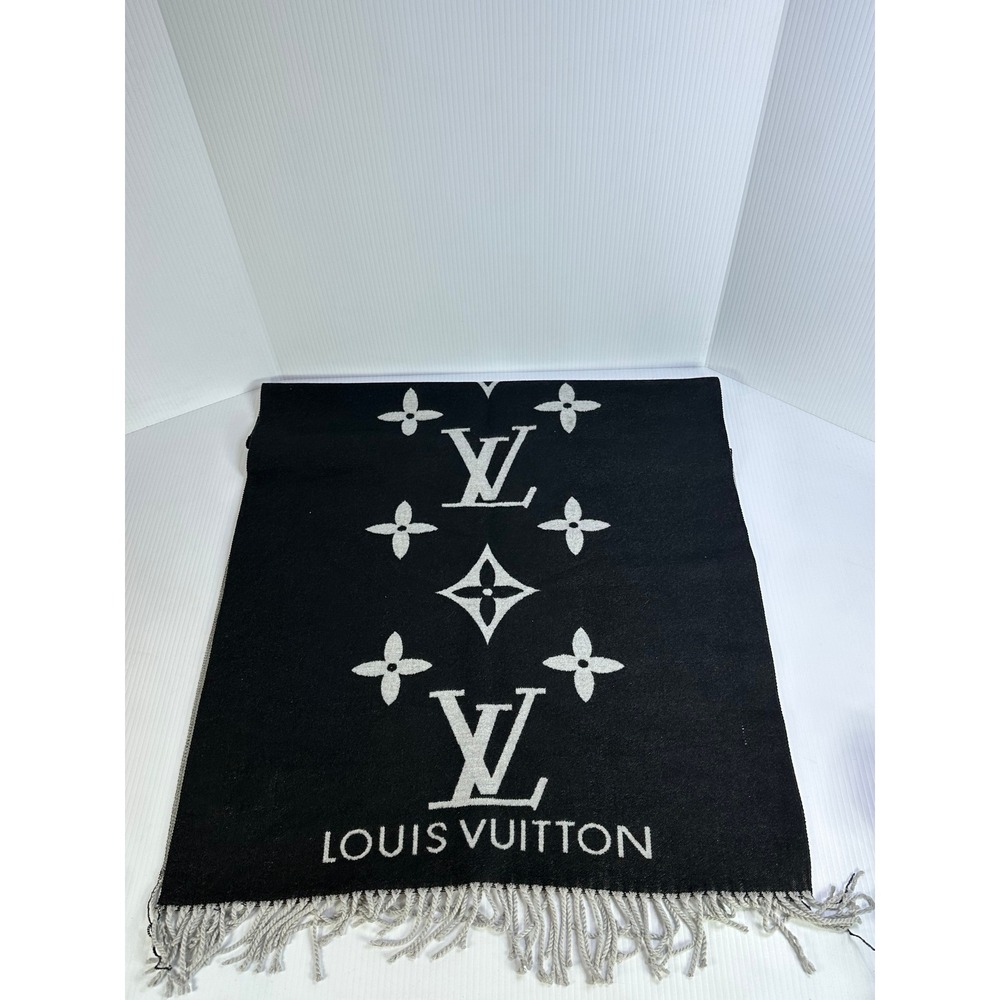 Louis Vuitton Logomania Scarf Black Silver Monogram Silk Wool M75748 Italy #4203